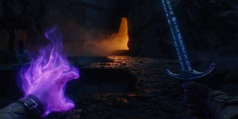 A Key Frame From Avowed Showing A First-Person Perspective Of A Player Wielding Magic In A Darkened Dungeon Area