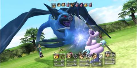 A Key Frame From Blue Dragon Showing The Player & Party Fighting An Enemy In A Combat Encounter