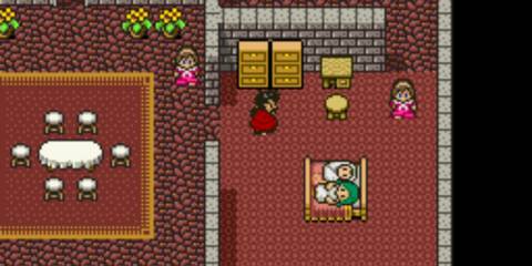 A Key Frame From Dragon Quest 5 Showing The Player Walking Through A Village Dwelling