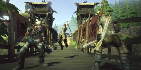 A Key Frame From Fable 2 Showing The Player Attacking A Group Of Enemies In A Urban Environment