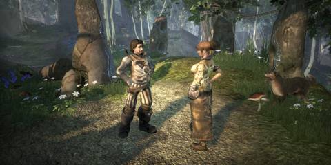 A Key Frame From Fable 2 Showing The Player Interacting With An NPC In A Wooded Area