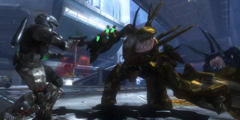 A Key Frame From Halo 3 ODST Showing Various ODST Troopers Fighting A Hunter