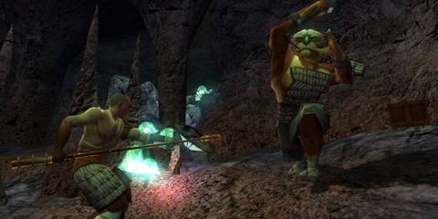 A Key Frame From Jade Empire Showing The Player Attacking An Enemy With A Spear