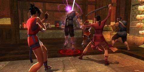 A Key Frame From Jade Empire Showing The Player In A Multi-Person Combat Encounter