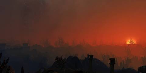 A Key Frame From The Elder Scrolls Morrowind Showing A Sunset Scene Over The Game World