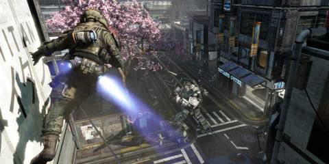 A Key Frame From Titanfall Showing A Player Pilot Wallrunning Towards An Enemy Titan