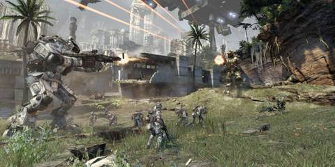 A Key Frame From Titanfall Showing A Titan & Player Pilots Fighting Against An Enemy Force