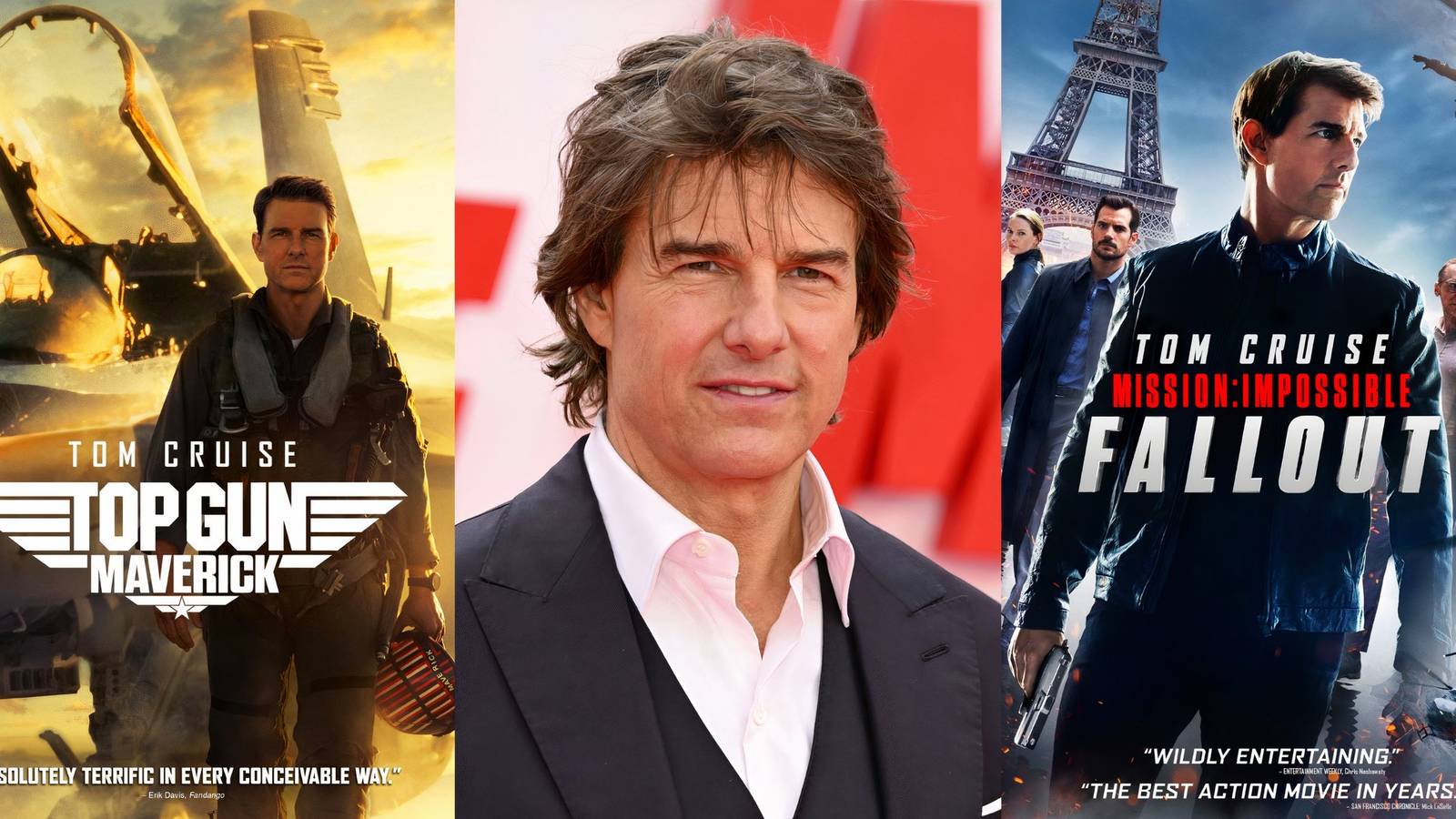 A poster of Top Gun Maverick, Tom Cruise, and a Mission Impossible Fallout Poster