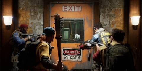 A team gathered at a door in Back 4 Blood
