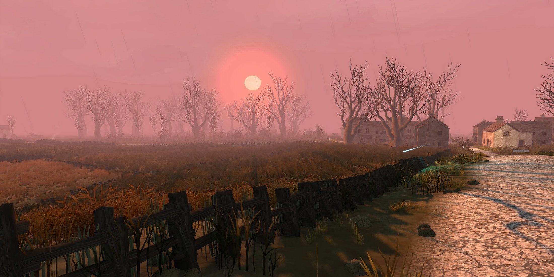 A warm sunset over a village scene in Sir, you are being Hunted