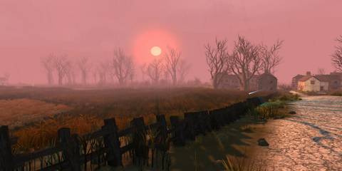 A warm sunset over a village scene in Sir, you are being Hunted