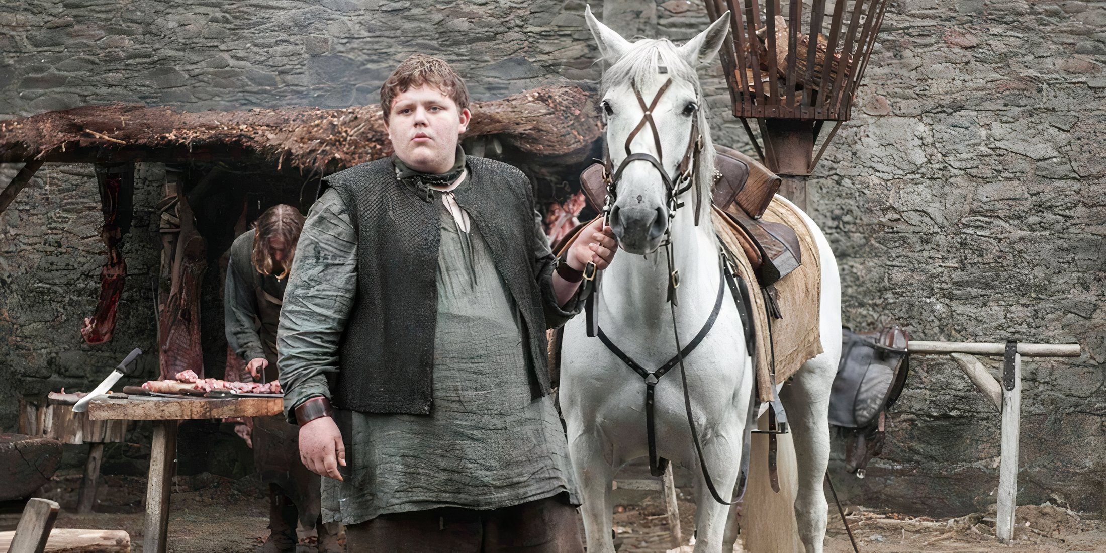 A young Hodor with a white horse in Game of Thrones