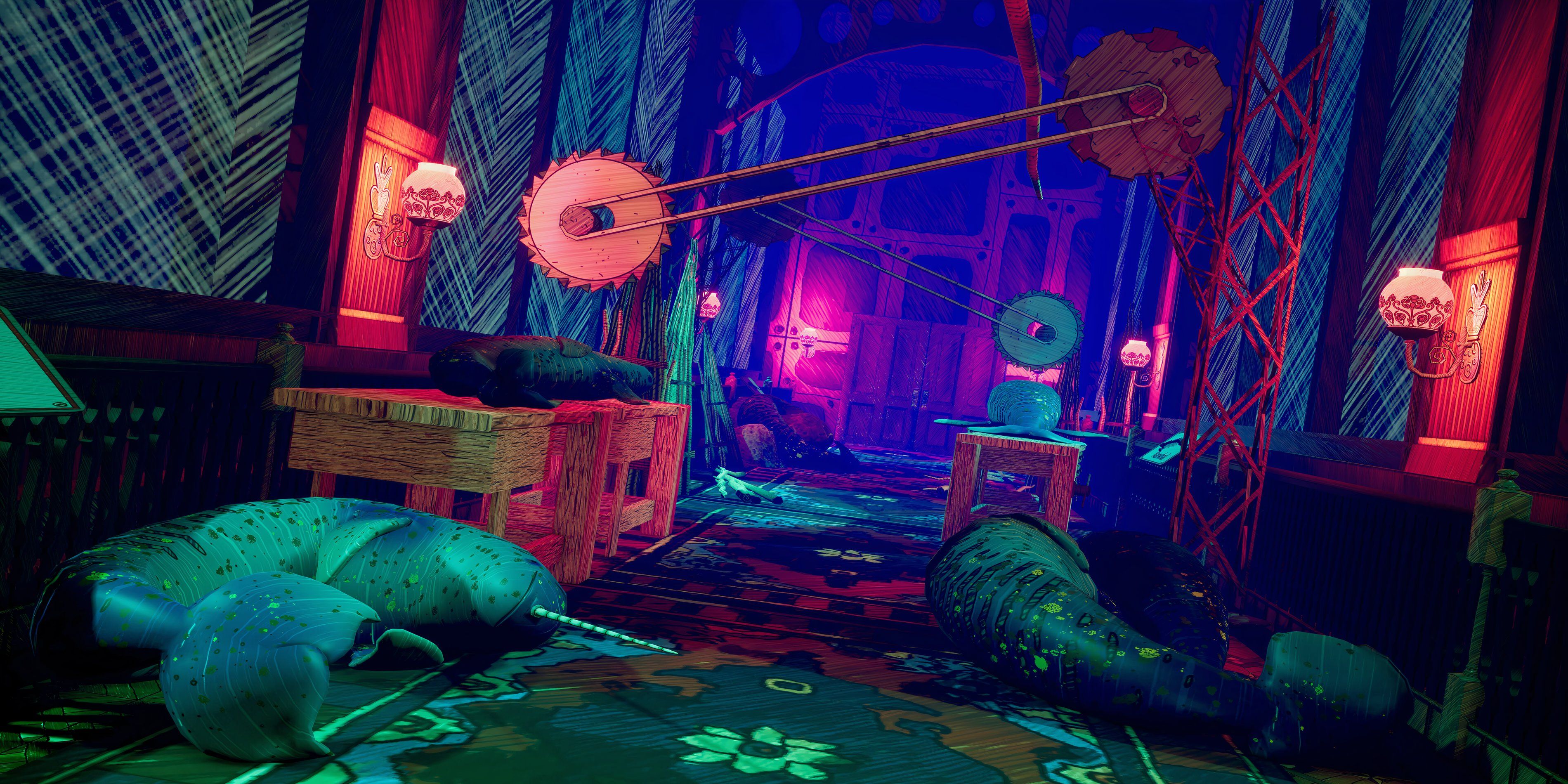 A brightly coloured hallway in Albino Lullaby littered with narwal corpses