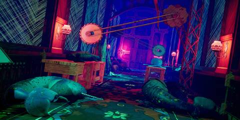 A brightly coloured hallway in Albino Lullaby littered with narwal corpses