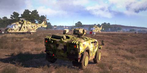 Arma 3 camo pattern truck driving over low foliage