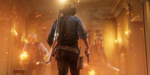 Arthur in the burning Braithwaite manor in Red Dead Redemption 2