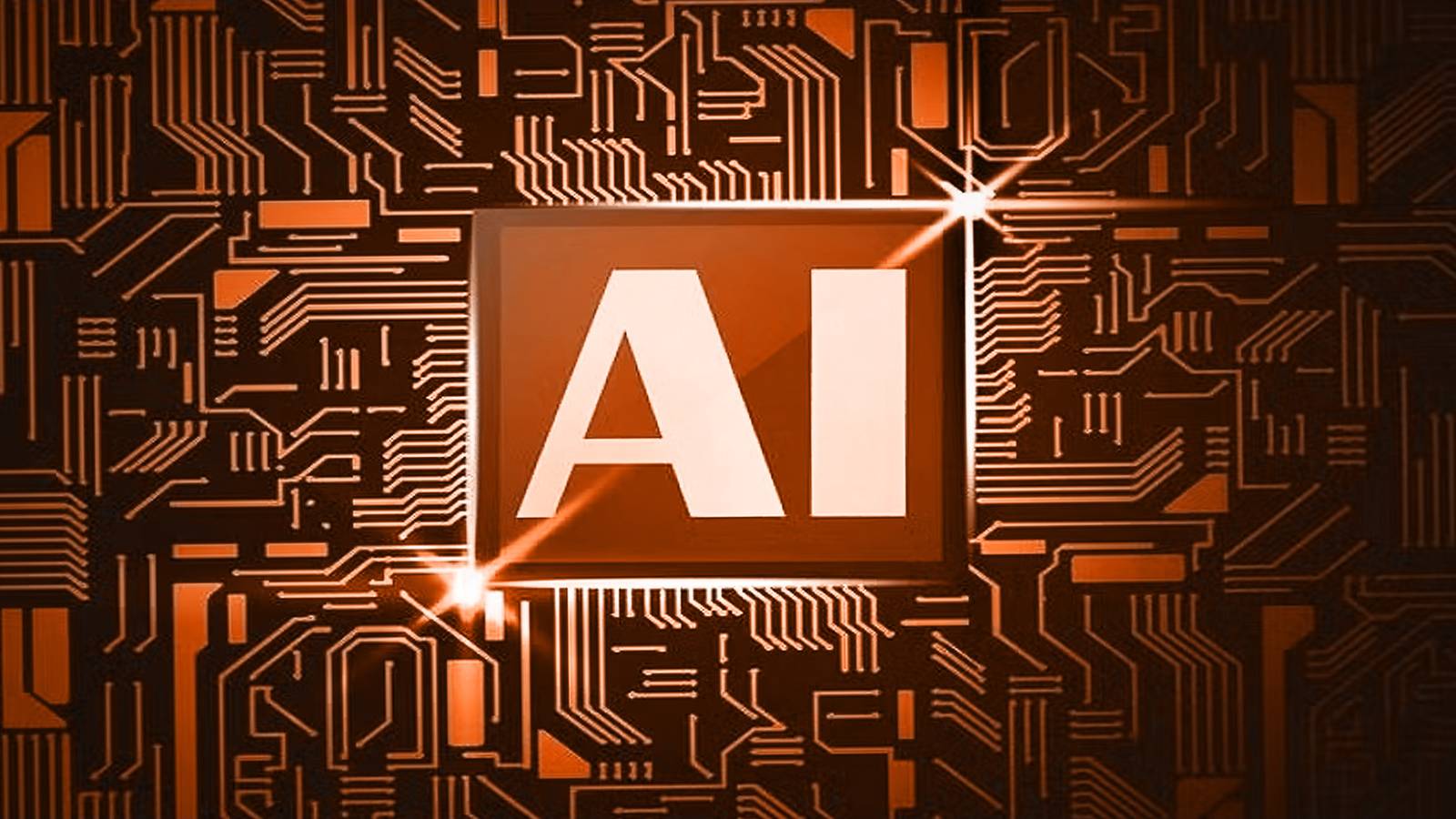 Artificial Intelligence AI chip on motherboard illustration orange edit