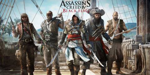 Assassin's Creed 4 Black Flag key art five-man crew cast on a boat