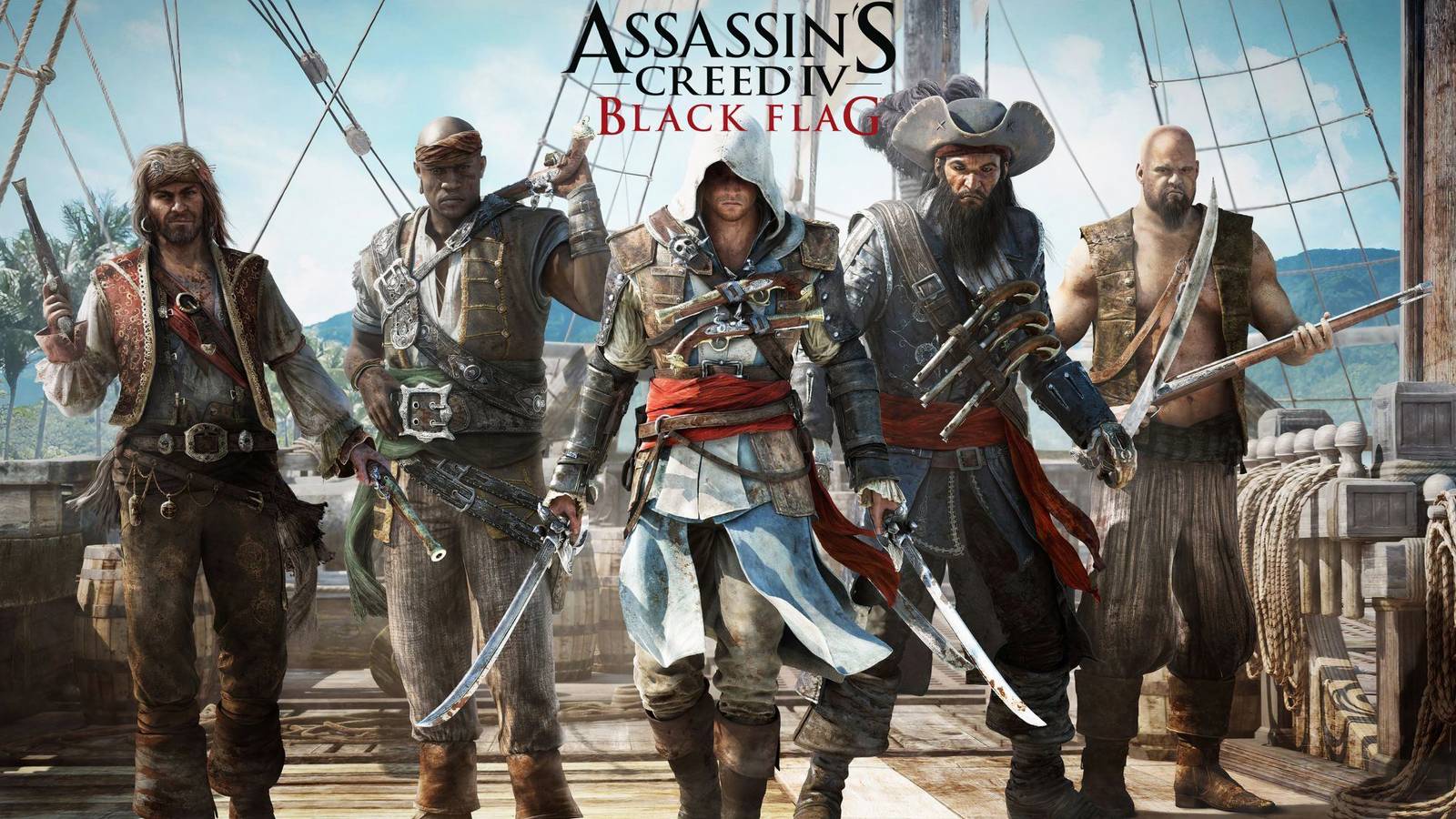 Assassin's Creed 4 Black Flag key art five-man crew cast on a boat