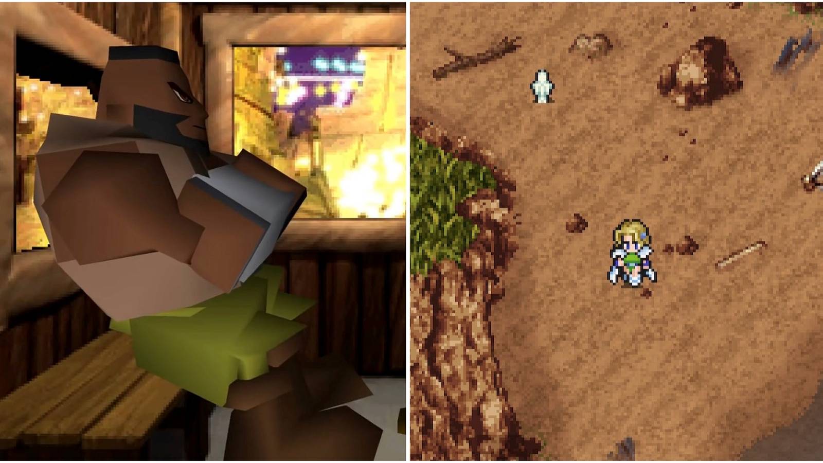 Barret in Final Fantasy 7 and Exploring a beach in Final Fantasy 6