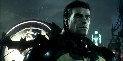 Batman unmasked in front of the Bat-Signal in Batman: Arkham Knight