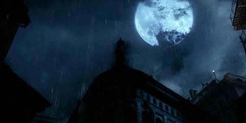 Nightmare Batman brooding on a rooftop in Batman: Arkham Knight