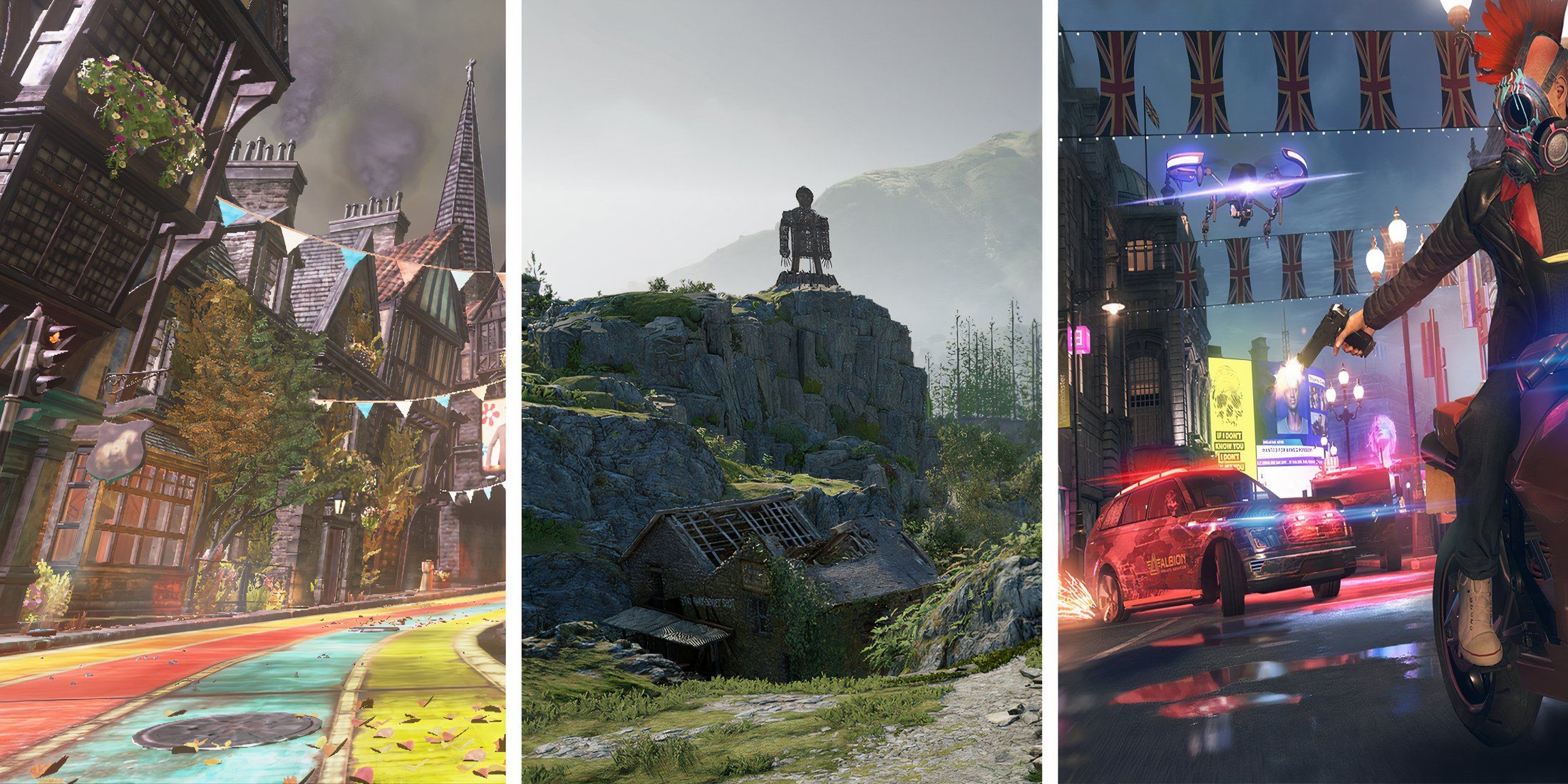 The three images on screen portray a colourful village scene, a lush green view of the british countryside featuring a wicker statue of a man, and a chase scene between a British police car and a masked man on a motorbike.