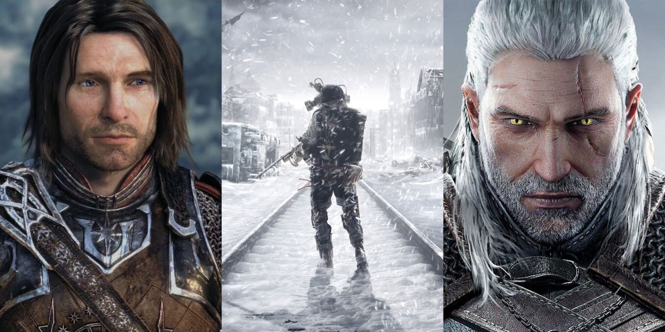 Feature image depicting Shadow of Mordor, Metro Exodus, and Witcher 3