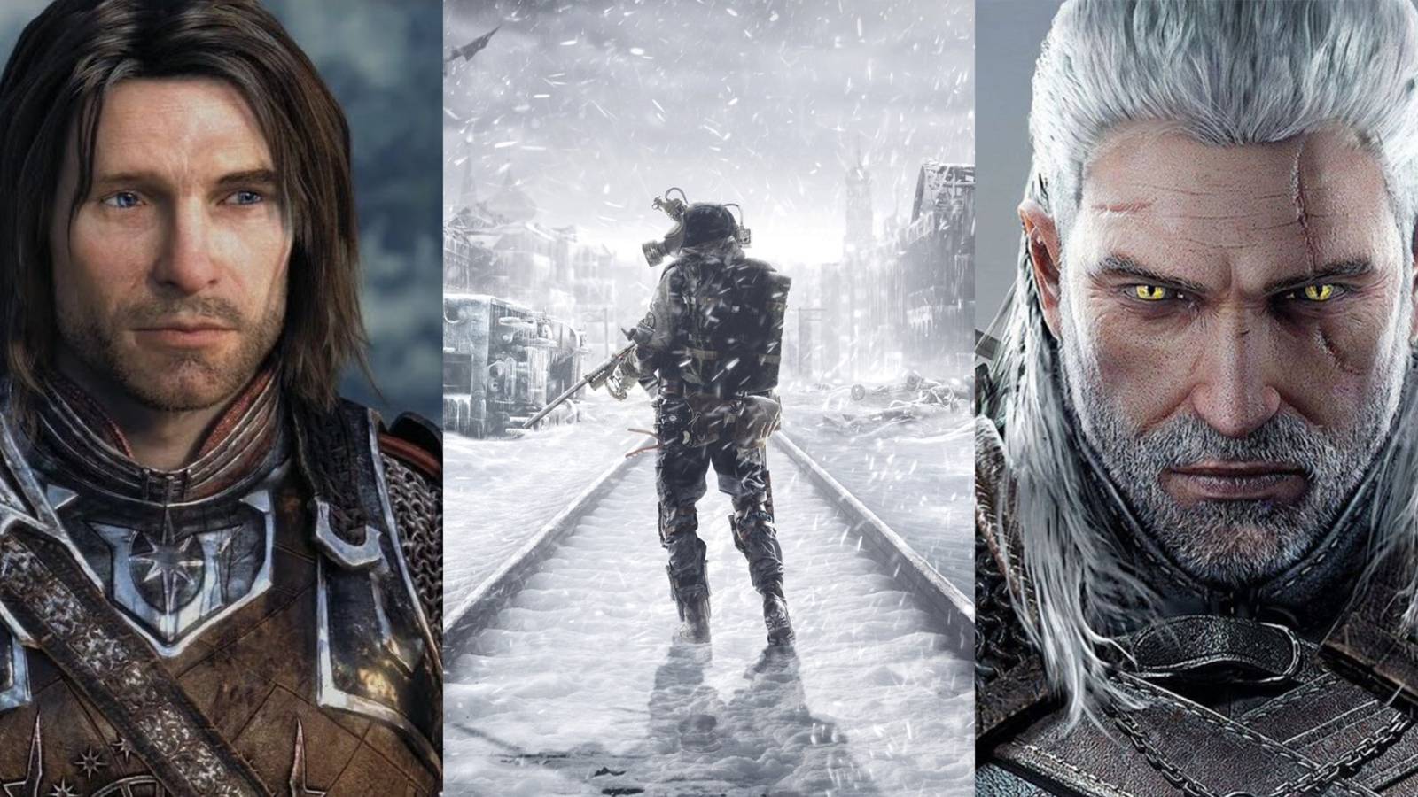 Feature image depicting Shadow of Mordor, Metro Exodus, and Witcher 3