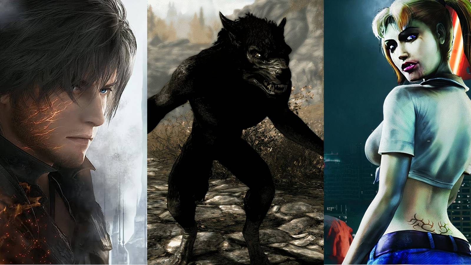 Feature image depicting Final Fantasy 16, Skyrim, and Vampire The Masquerades Bloodlines