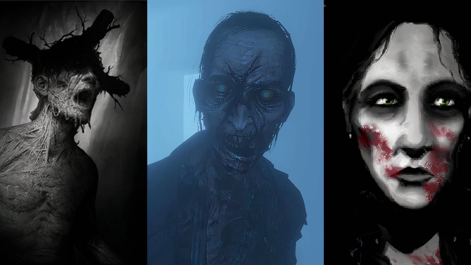 Feature image depicting Darkwood, Phasmophobia, and The Cat Lady