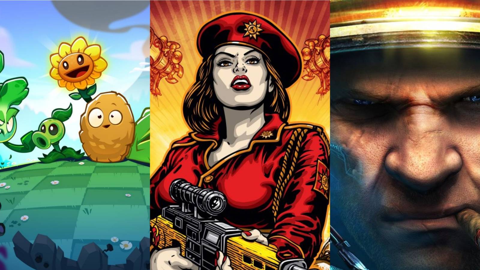 Feature image depicting Plants vs Zombies, Red Alert 3, and Starcraft 2