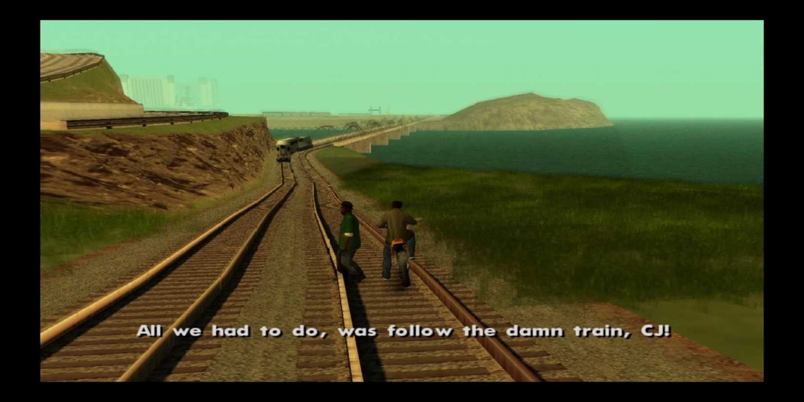 Big Smoke talking to CJ after failing the Wrong Side of the Tracks mission in GTA San Andreas