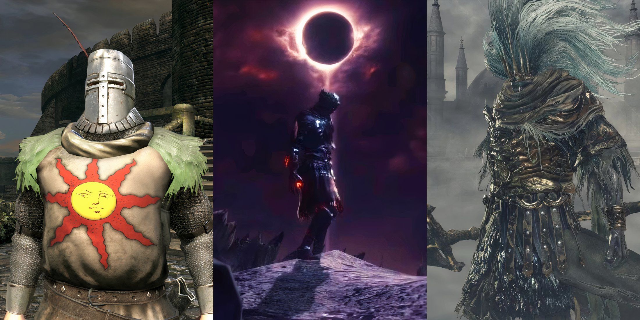 Feature image depicting Solaire, The Nameless King, and the Age of Dark ending of Dark Souls 3