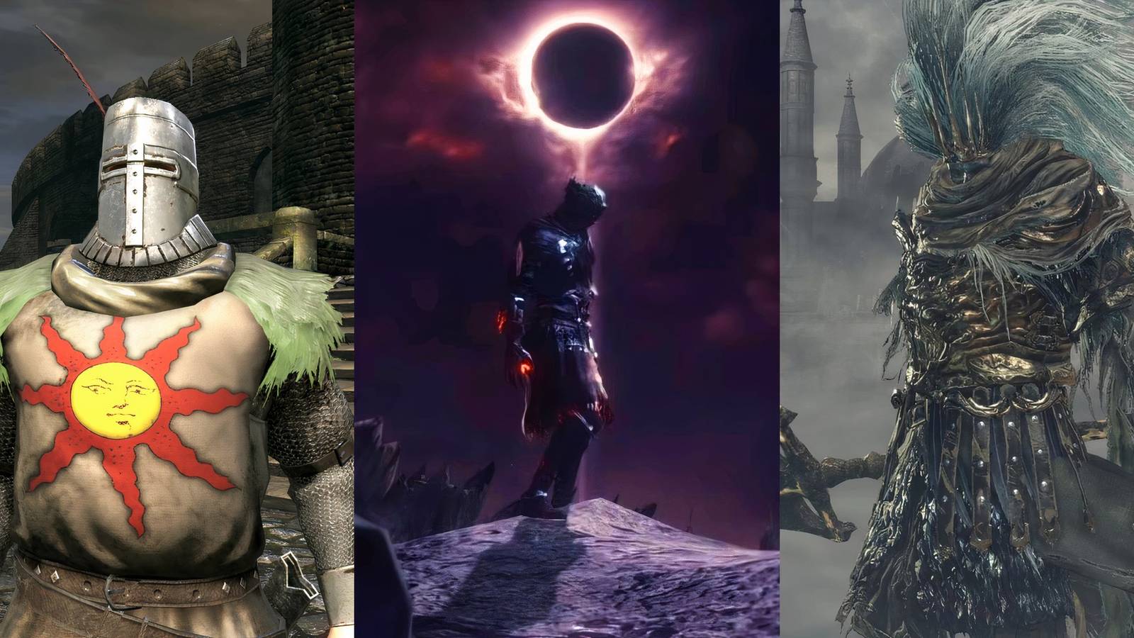 Feature image depicting Solaire, The Nameless King, and the Age of Dark ending of Dark Souls 3