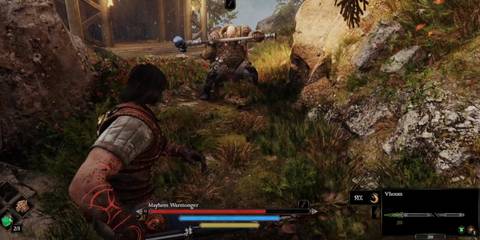 Blades of Fire - Mayhem Warmonger blocking the path to the gate and the Polearm Seneschal in Besacarr Hamlet