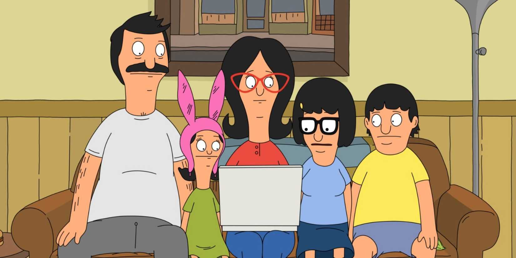 The Belcher family sitting on a couch on Bob's Burgers