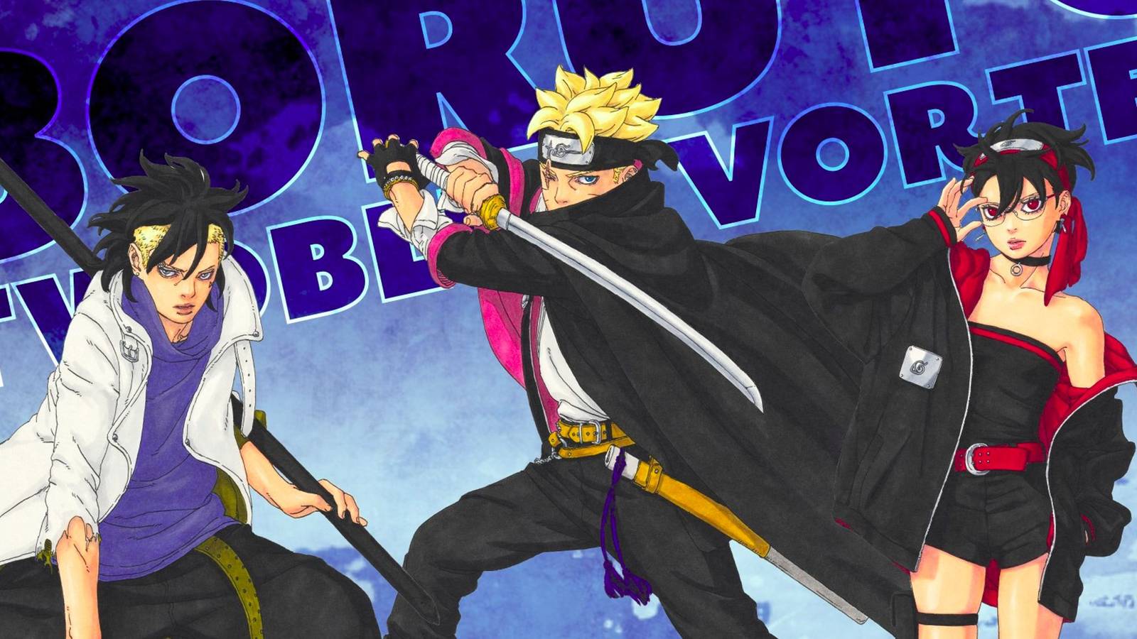 picture: kawaki, boruto and sarada in boruto two blue vortex poster.