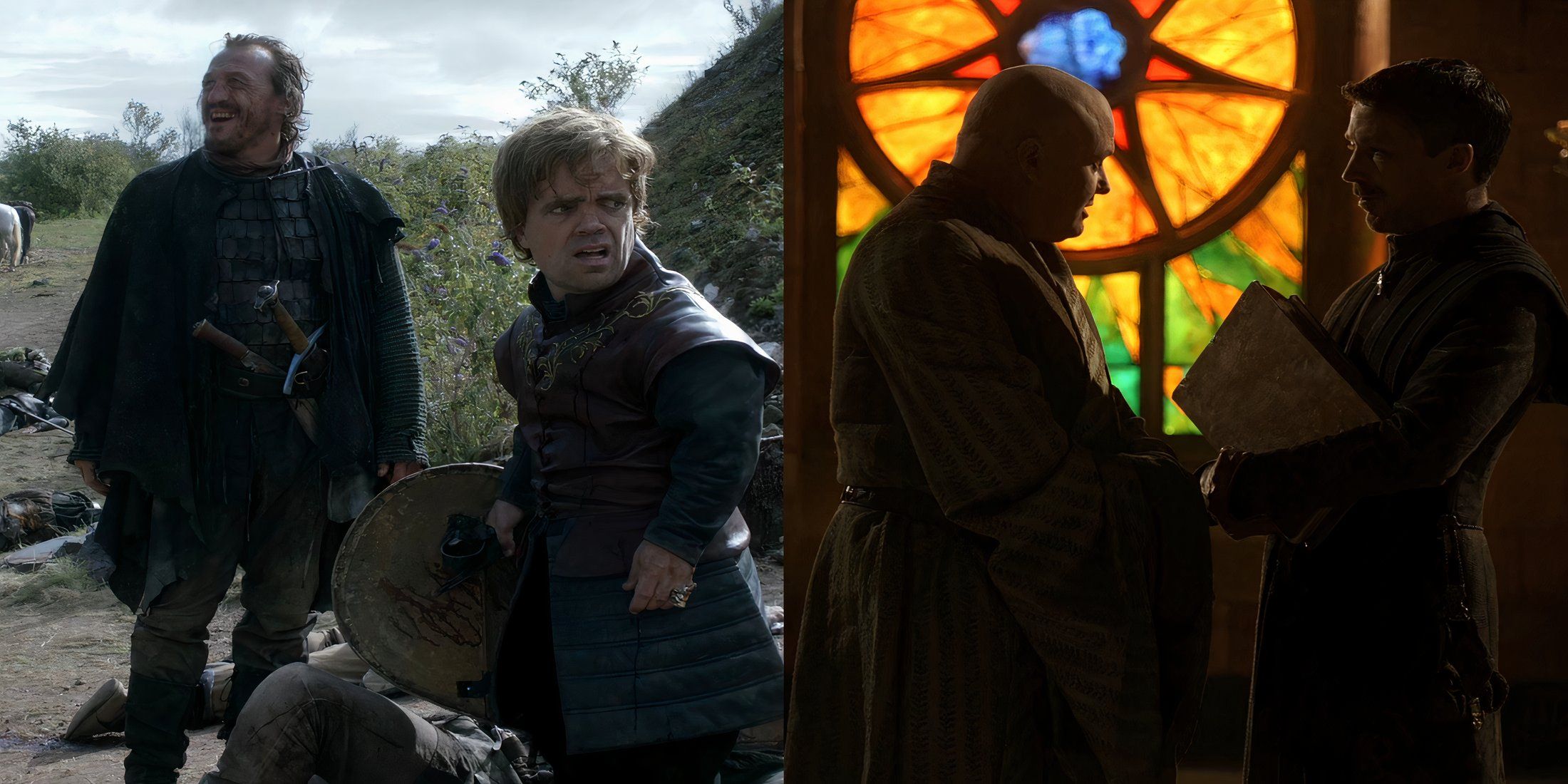 Bronn and Tyrion Lannister while Lord Varys and Littlefinger Chat in Game of Thrones