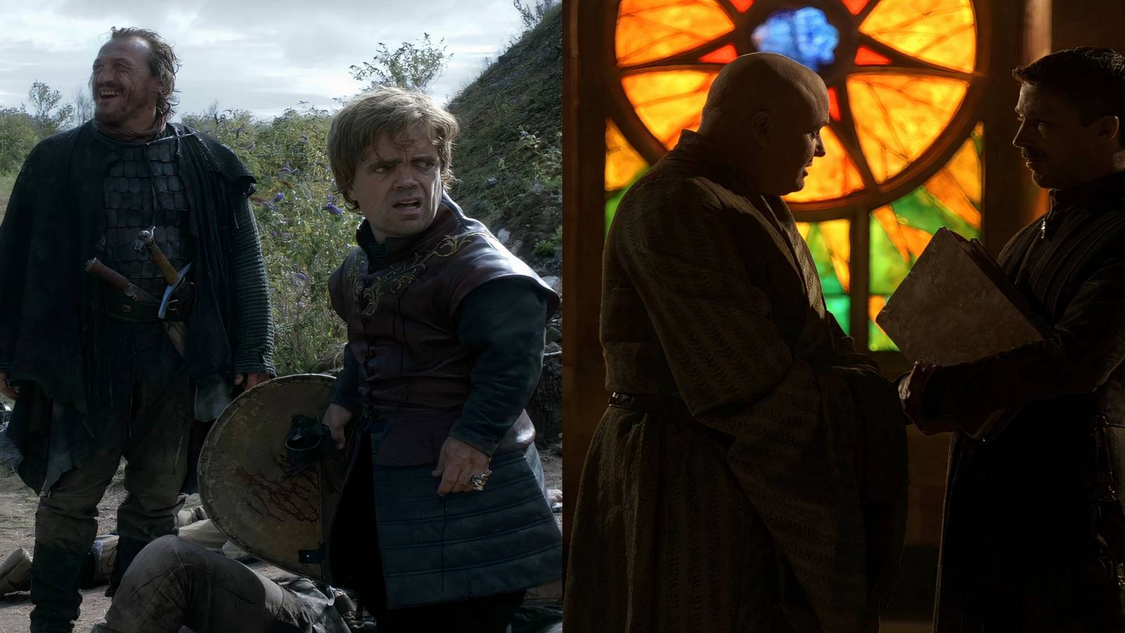 Bronn and Tyrion Lannister while Lord Varys and Littlefinger chat in Game of Thrones