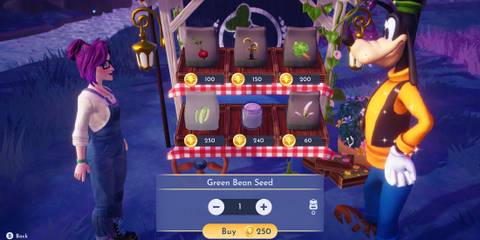 Buying Green Bean Seeds from Goofy's Stall in Disney Dreamlight Valley