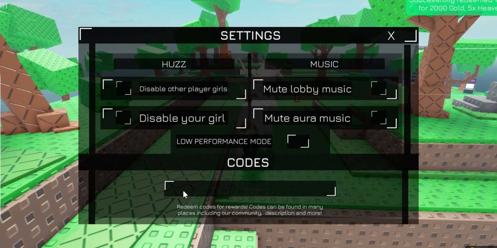 HUZZ RNG the codes tab