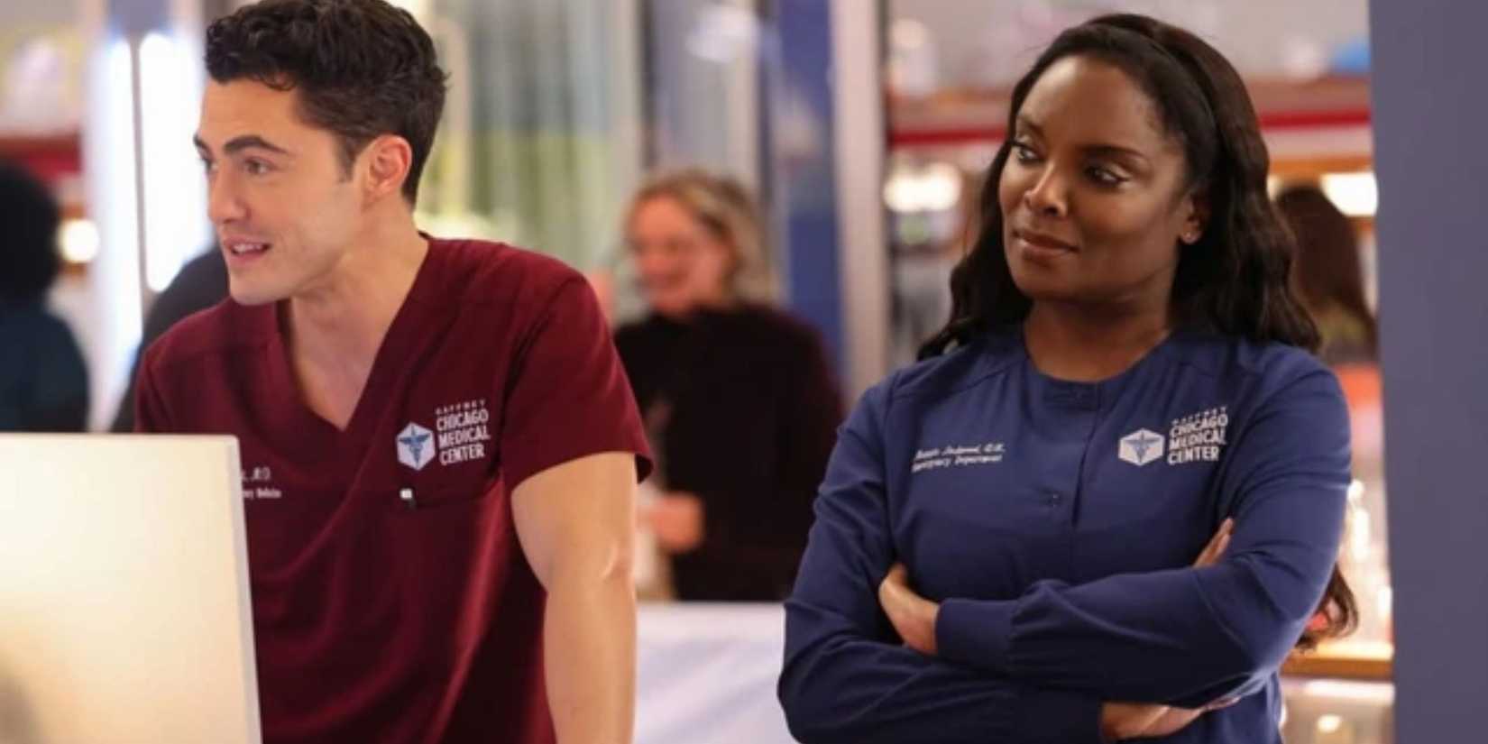 Dr. Frost (Darren Barnet) and Maggie Lockwood (Marlyne Barrett) on Chicago Med