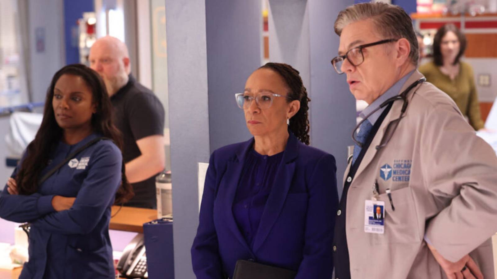 Maggie (Marlyne Barrett), Sharon (S. Epatha Merkerson), and Daniel (Oliver Platt) on Chicago Med