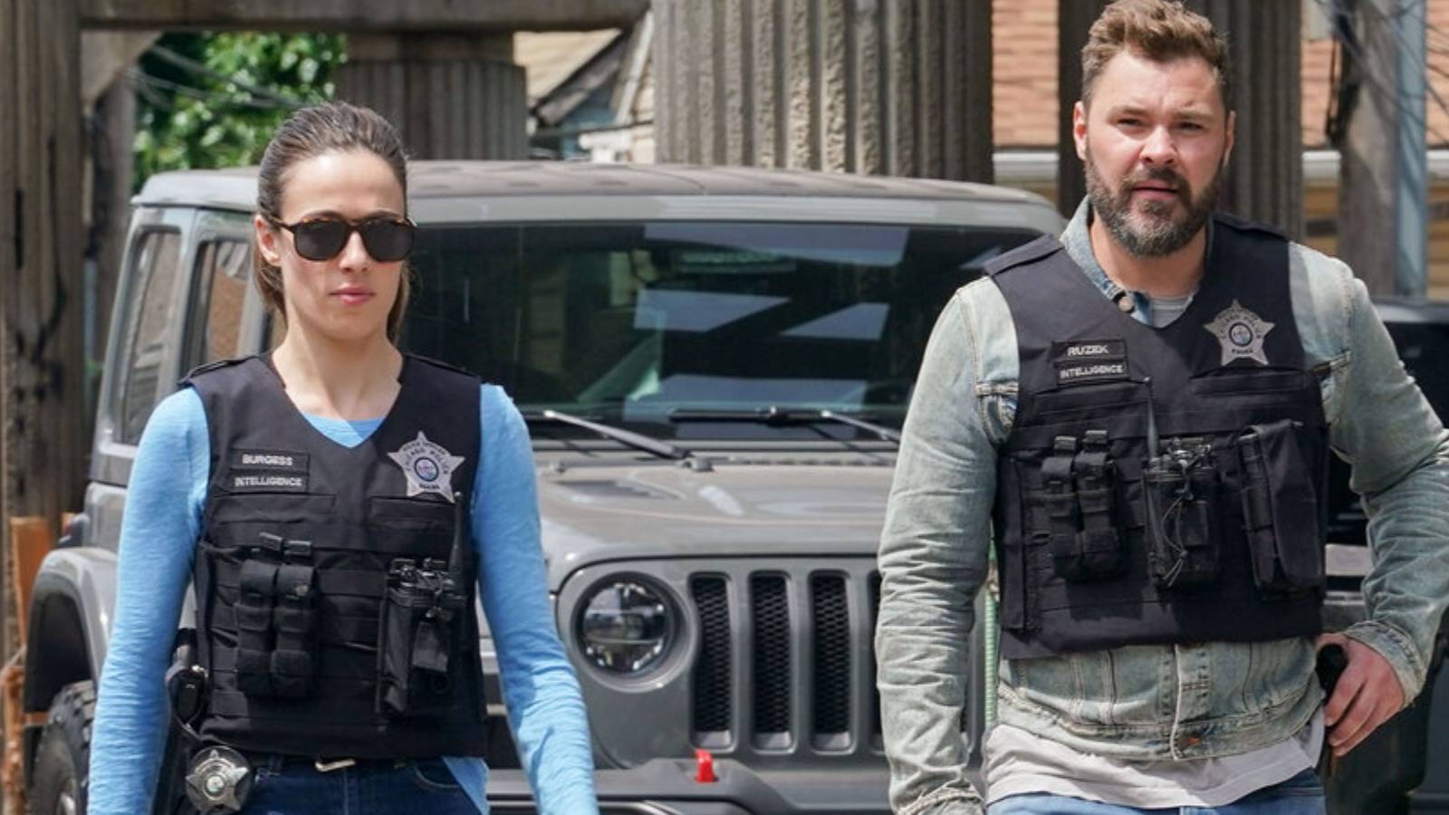 Kim Burgess (Marina Squerciati) and Adam Ruzek (Patrick John Flueger) on Chicago P.D.