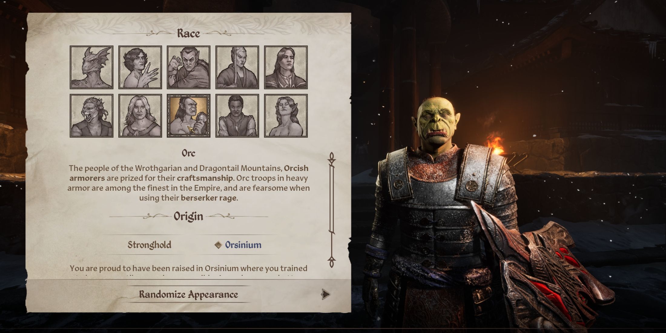 Choosing the ORC race in Elder Scrolls 4 Remastered Remastered