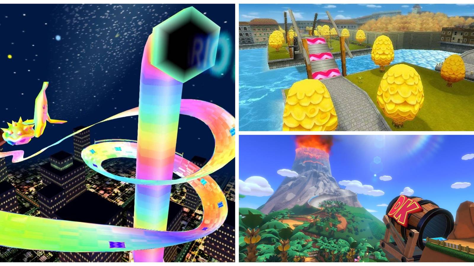 classic mario kart tracks - delfino square, dk mountain, rainbow road