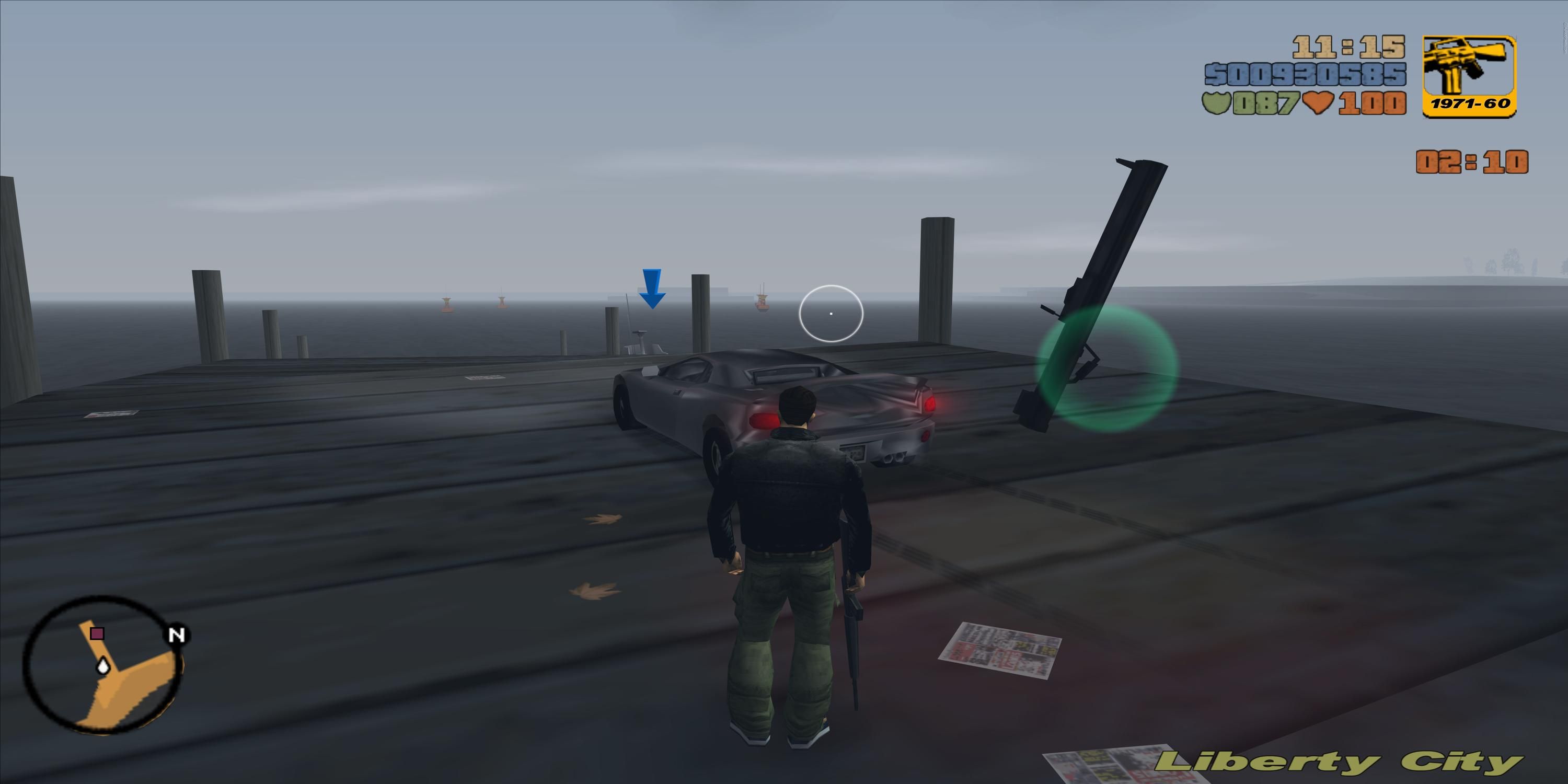 Claude with a weapon in his hand looking at the car in Sam's mission in GTA 3