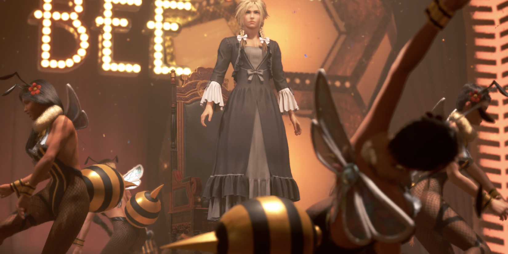 Cloud dancing in a dress in Final Fantasy 7 Remake
