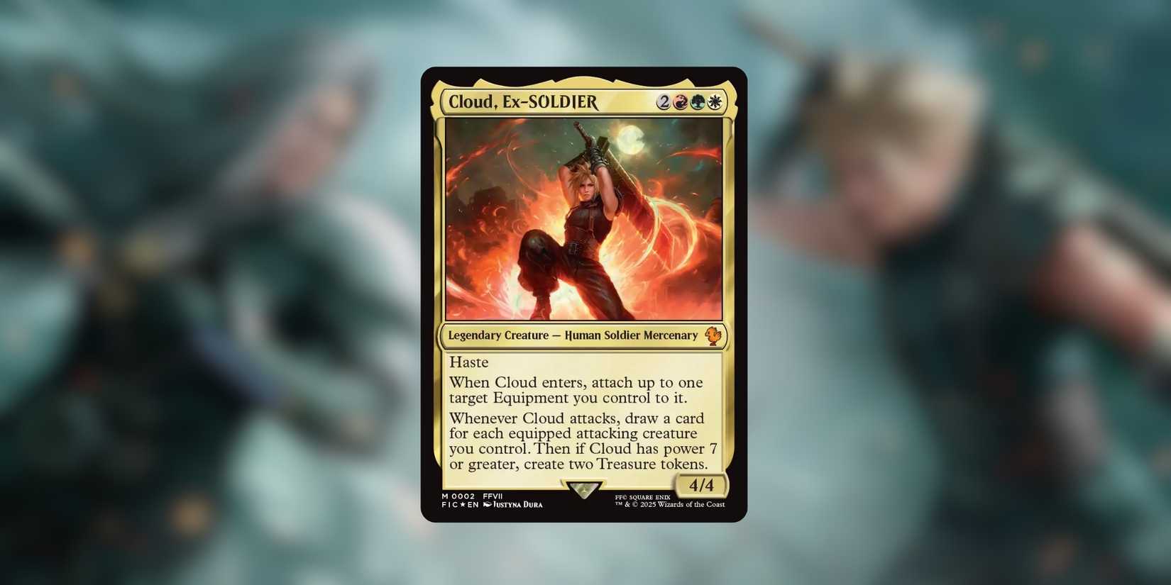 Cloud from Final Fantasy VII charges through flames, drawing cards and treasures with equipment synergy in Magic